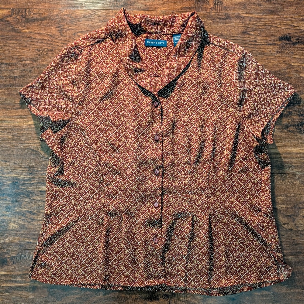 Karen Scott Women's Red-Brown Diamond-Patterned Short Sleeve Blouse (L) - Picture 3 of 8